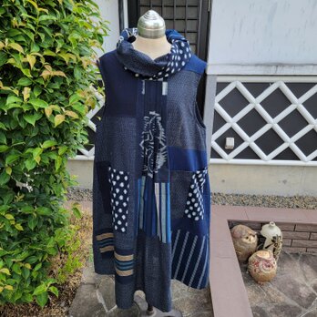 着物リメイク　古布　手作り 　絵絣　絣　縞　パッチ　ジャンパースカートの画像