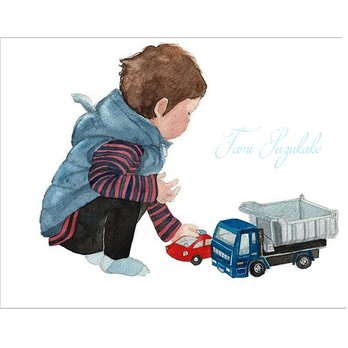 絵画販売・水彩画・原画「男の子と車」の画像