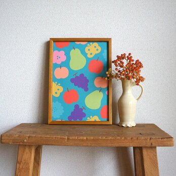 「花と果実と蝶模様（ブルー）」A4ポスターの画像