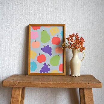 「花と果実と蝶模様（グレイ）」A4ポスターの画像