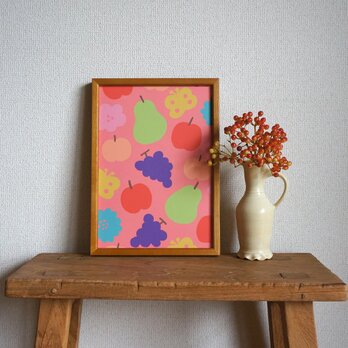 「花と果実と蝶模様（ピンク）」A4ポスターの画像