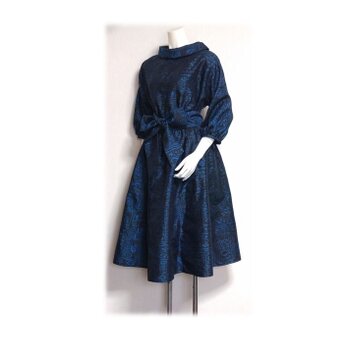 31　大島紬ミッドセンチュリールックドレス見えツーピース（ブルーな昭和レトロ柄）の画像