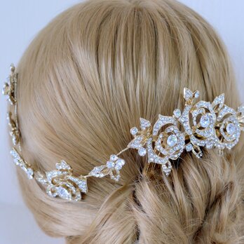 流れるキラキラコームアクセ　ヘアアクセサリーゴールド　フラワーの画像