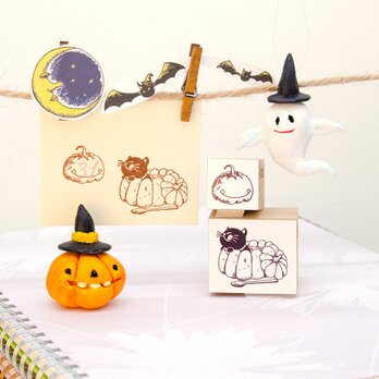 スタンプ 【ハロウィンスタンプセット】 にっこりかぼちゃ & 黒猫かぼちゃプリンのスタンプ２個のセットの画像