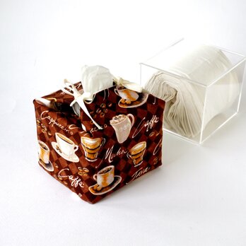 リバーシブルキューブティッシュ・容器付き（USA生地コーヒー珈琲柄）の画像