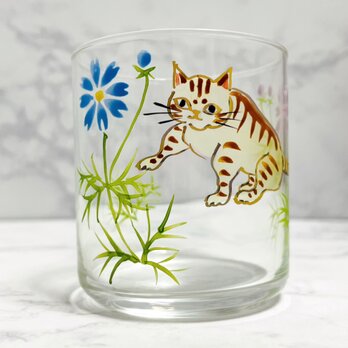コスモスと猫のガラス　ミニフリーグラスの画像