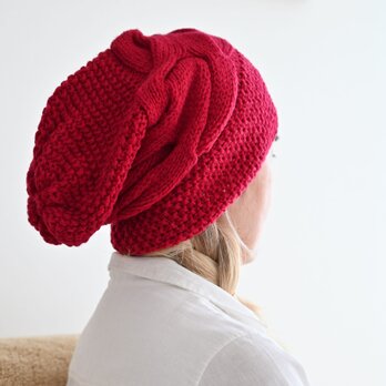 手編み ウール ニットキャップ ニット帽 アラン模様 レッド 赤の画像
