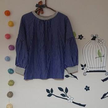 毎日着たい大人服 リブブラウス コットンローン ブルーストライプ