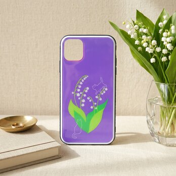 強化ガラススマホケース【幸福の花・鈴蘭とネコ】