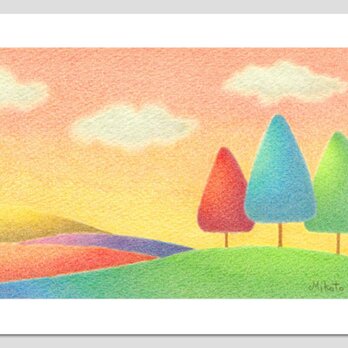 夕日の丘(2Lサイズ。色鉛筆画。複製画)の画像
