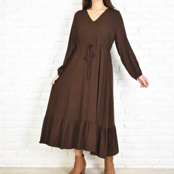 Vネック長袖ワンピース　＜ブラウン＞