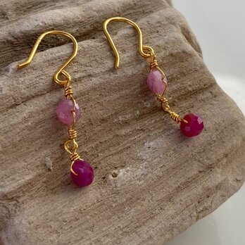 K24純金ルビー＋ピンクサファイアピアス◇K24 Ruby + Pink Sapphire Earringsの画像