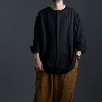 【wafu】Oversized Linen shirt　比翼ビックシャツ 男女兼用 / 黒色 t021e-bck1の画像