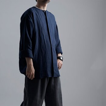 【wafu】Oversized Linen shirt　比翼ビックシャツ 男女兼用 / 留紺(とめこん) t021e-tmk1の画像