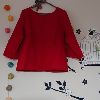 大人のリネンブラウス トマトレッド