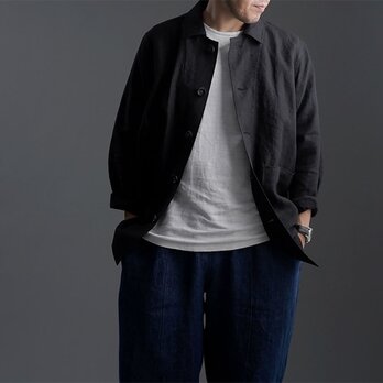 【M】Linen Jacket　カバーオール 男女兼用 /ブラック h031c-bck2-mの画像