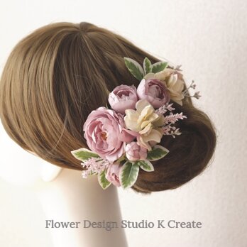 くすみピンクの薔薇と紫陽花のヘッドドレス（14本セット）　アーティフィシャルフラワー 　モーブピンク　結婚式　発表会　髪飾りの画像