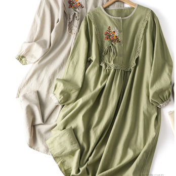 【NEW】 ★刺繍/綿とリネンの長袖ドレス/ワンピースの画像
