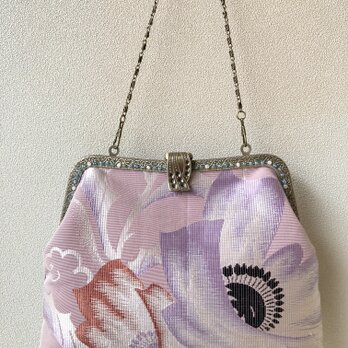 かぶせ口金バッグ・アールデコ　 ピンク花柄×ブルーレース　帯地の画像