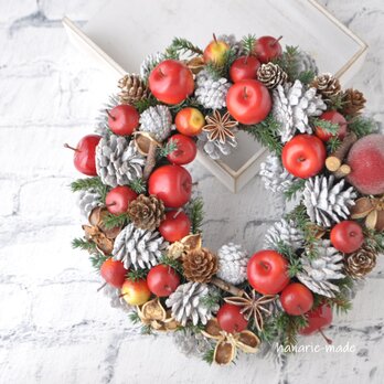 リース【9】赤い林檎と白い木の実 :クリスマス　ウィンター　りんごの画像