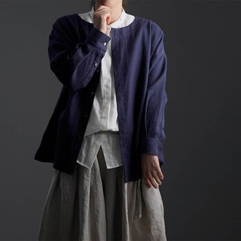 【wafu プレミアム】Linen 起毛 ノーカラーシャツジャケット / ネイビー t036c-neb3の画像