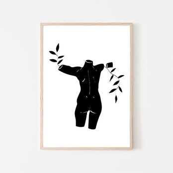 女性の体 / ポスター 写真 ミニマル イラスト 形 美 上半身 黒 植物 シルエット 縦長の画像