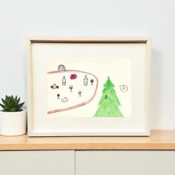 イラスト｜原画「楽しい季節」 ※木製額縁入り（八つ切りサイズ）インテリアアート