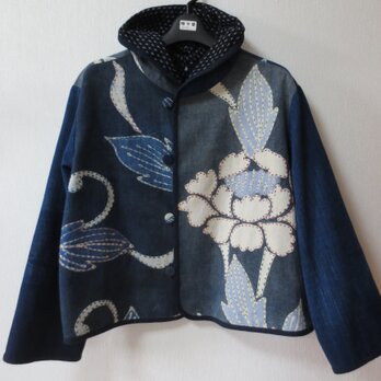 古布リメイク 藍染リバーシブルミニフードジャケット　筒描き　型染　襤褸　刺し子　古布　着物リメイクの画像