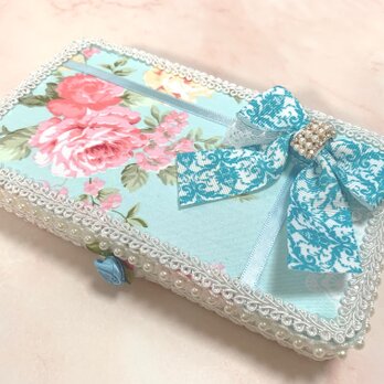 【マスクケース☆ファブリックデコレーション　ブルー系・花柄　完成品♪】の画像