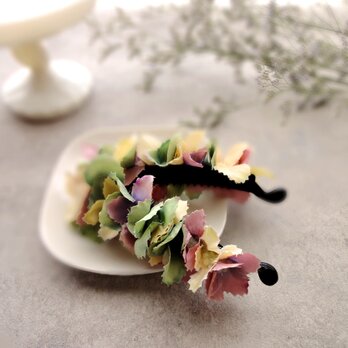 【10ｃｍサイズのみ】紫陽花のバナナクリップ ■  トリコカラー×ギザギザ花びら ■ 初夏色　桜餅の配色の画像
