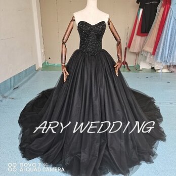 カラードレス 黒 ベアトップ 大きいサイズ マタニティ ハンドビーディング 花嫁 結婚式 舞台ドレス オーダーメイドの画像