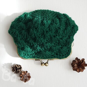 ばあば作♪松編みの大きめがまぐちポーチ（verde・C1486）の画像