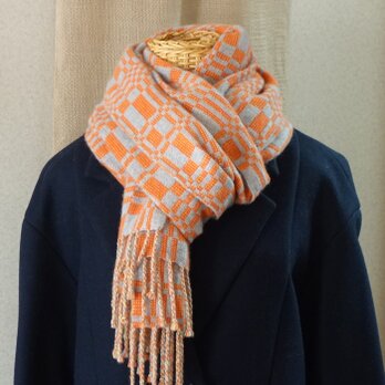 手織りカシミアストール・・オレンジ×グレーの画像