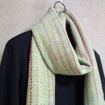 SALE 手織り 大判マフラー　黄緑・ピンク・白　ストライプの画像