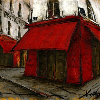 風景画 パリ 油絵「街角の赤いひさしのあるカフェ」の画像