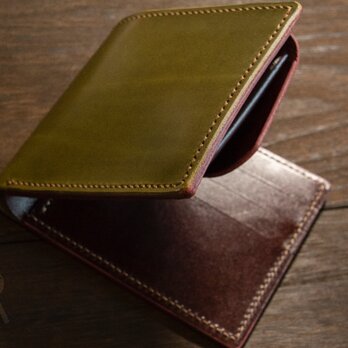 【大人の財布】ベルギー産ルガトショルダー　オリーブグリーン+ワイン　本革二つ折り財布の画像