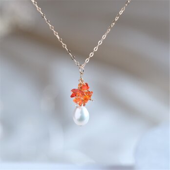 fire opal necklace：ファイヤーオパール×淡水パールネックレス　天然石　オレンジの画像