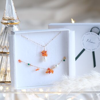 fire opal necklace＆bracelet set：ファイヤーオパール×淡水パールギフトセット　天然石　オレンジの画像