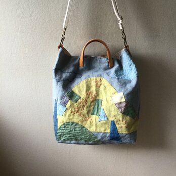 リネンのコラージュと刺し子のバッグ『秋深し山』の画像