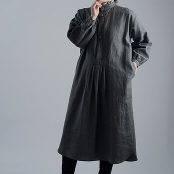 Linen Dress 超高密度リネン スタンドカラーシャツテール / フォレッジグリーン a018d-fgg1の画像