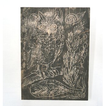 フクロウと深い森のウッドバーニングアート 原画 絵画 植物画 木雑貨 木工 アナログイラスト アクリル画の画像