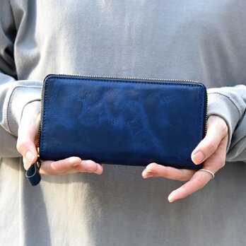 オールレザー ラウンドファスナー 長財布 牛革 日本製 キップレザー 名入れ ギフト ネイビー JAW028の画像