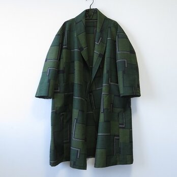 ＊アンティーク着物＊重ね枡模様十日町紬のへちまカラーローブ（大きめサイズ）