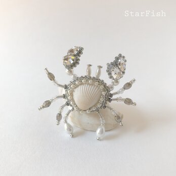 【カニ】蟹 Crab ビーズ刺繍 ブローチ(L31)の画像