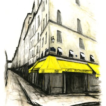 風景画 パリ 版画「街角の黄色いひさしのあるカフェ」の画像