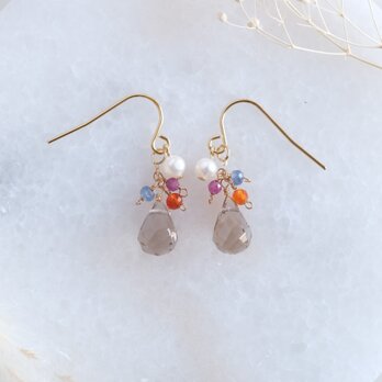 smoky quartz earring2：スモーキークォーツ×ルビー×サファイア×淡水パール×カーネリアン　天然石の画像