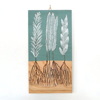 ３種の葉っぱのウッドバーニングアート 原画 絵画 植物画 木雑貨 木工 アナログイラスト アクリル画の画像