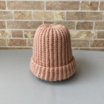 【受注制作】メリノウールのシンプル編み帽サーモンピンク(ゆったりめ)の画像