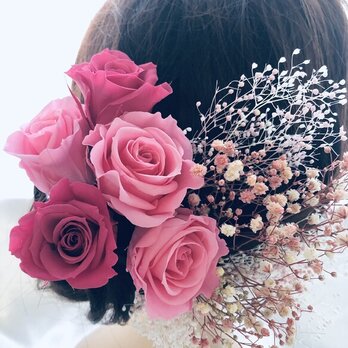 【ヘッドドレス／髪飾りプリザーブドフラワー／ウェディング・前撮り和装】ピンクの薔薇の画像