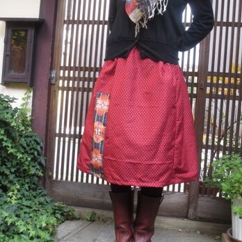 着物リメイク☆絣織りのきれいな紬にワンポイントパッチ66cm丈の画像